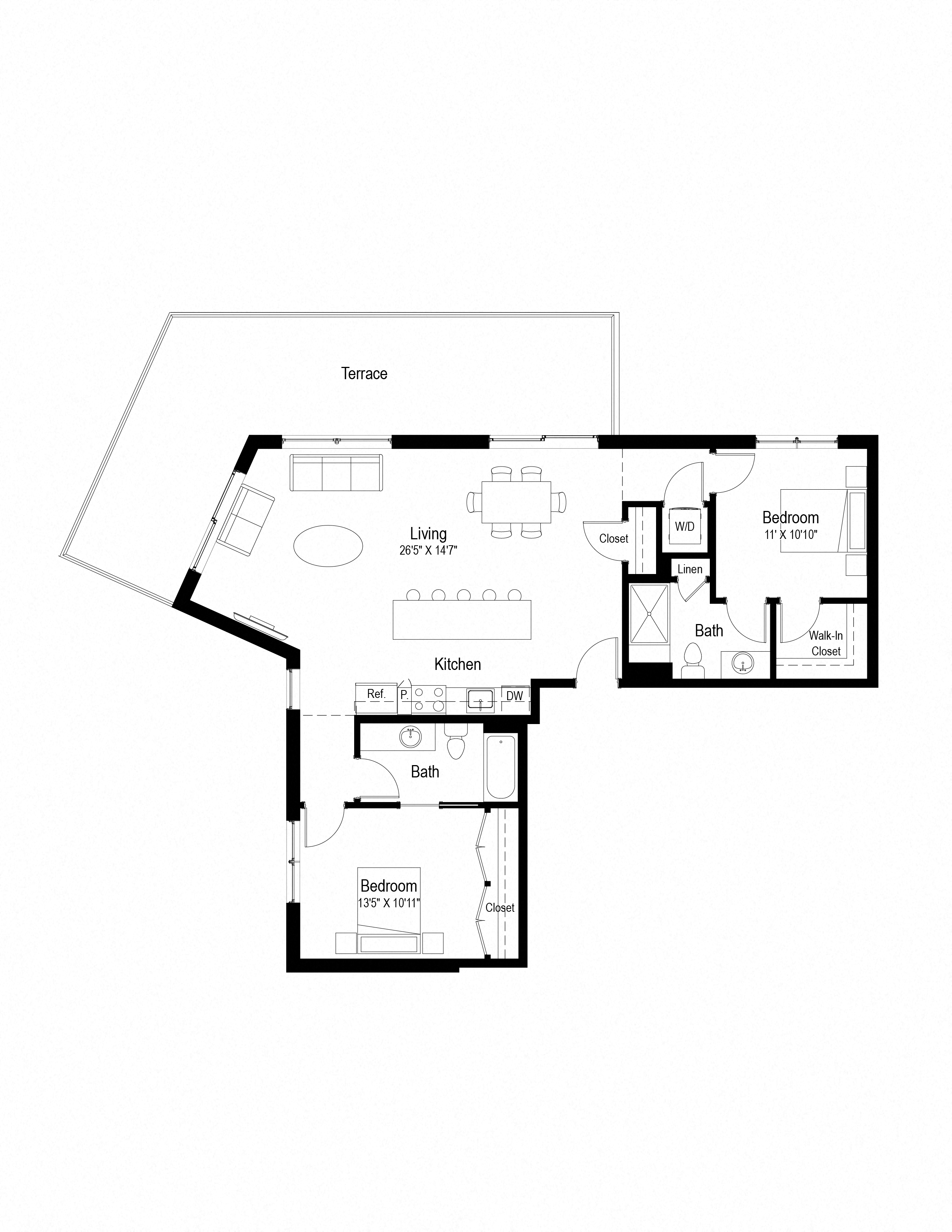 Floor plan for 2 beds, 2 baths, 1205 sqft
